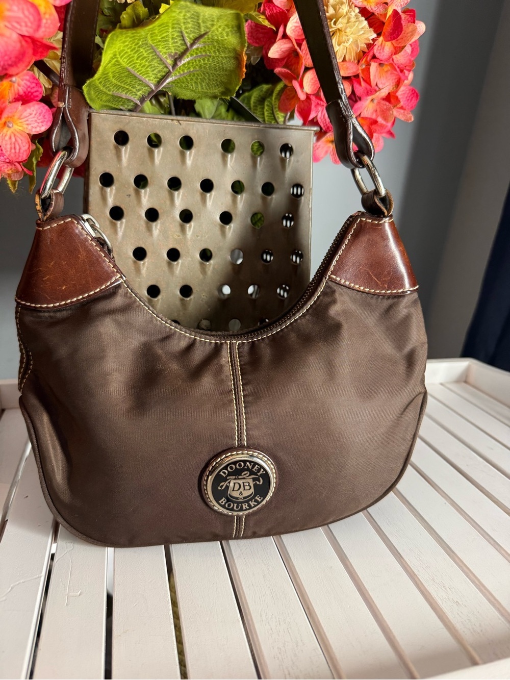 Dooney Bourke Vintage Brown Nylon Brown Leather Strap Small Hobo WAYFARER